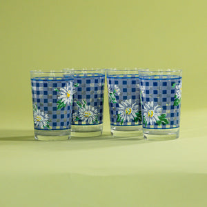 Vintage Blue Gingham Floral Drinking Glasses, Set of 4
