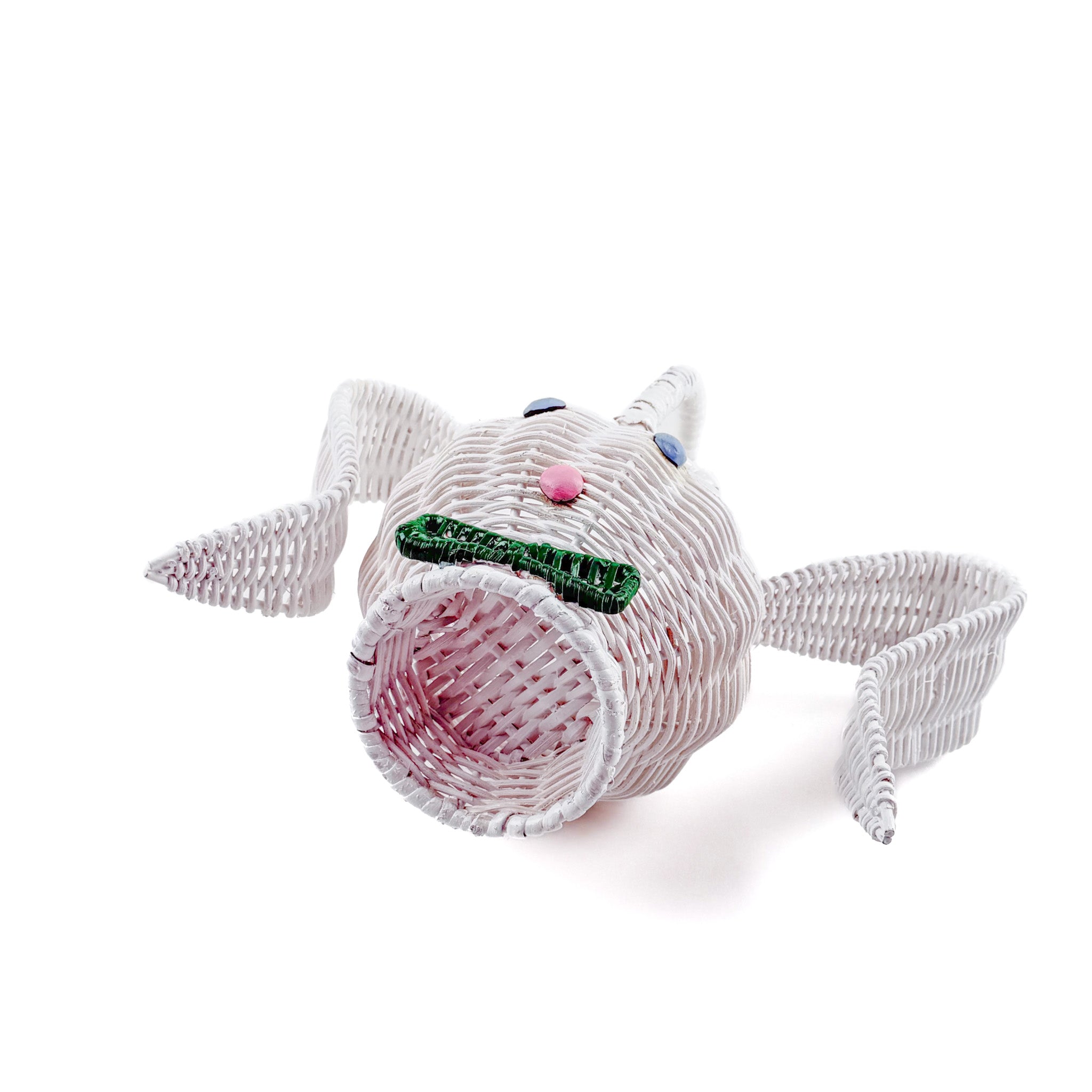 bottom view of white wicker bunny basket with handle on white background