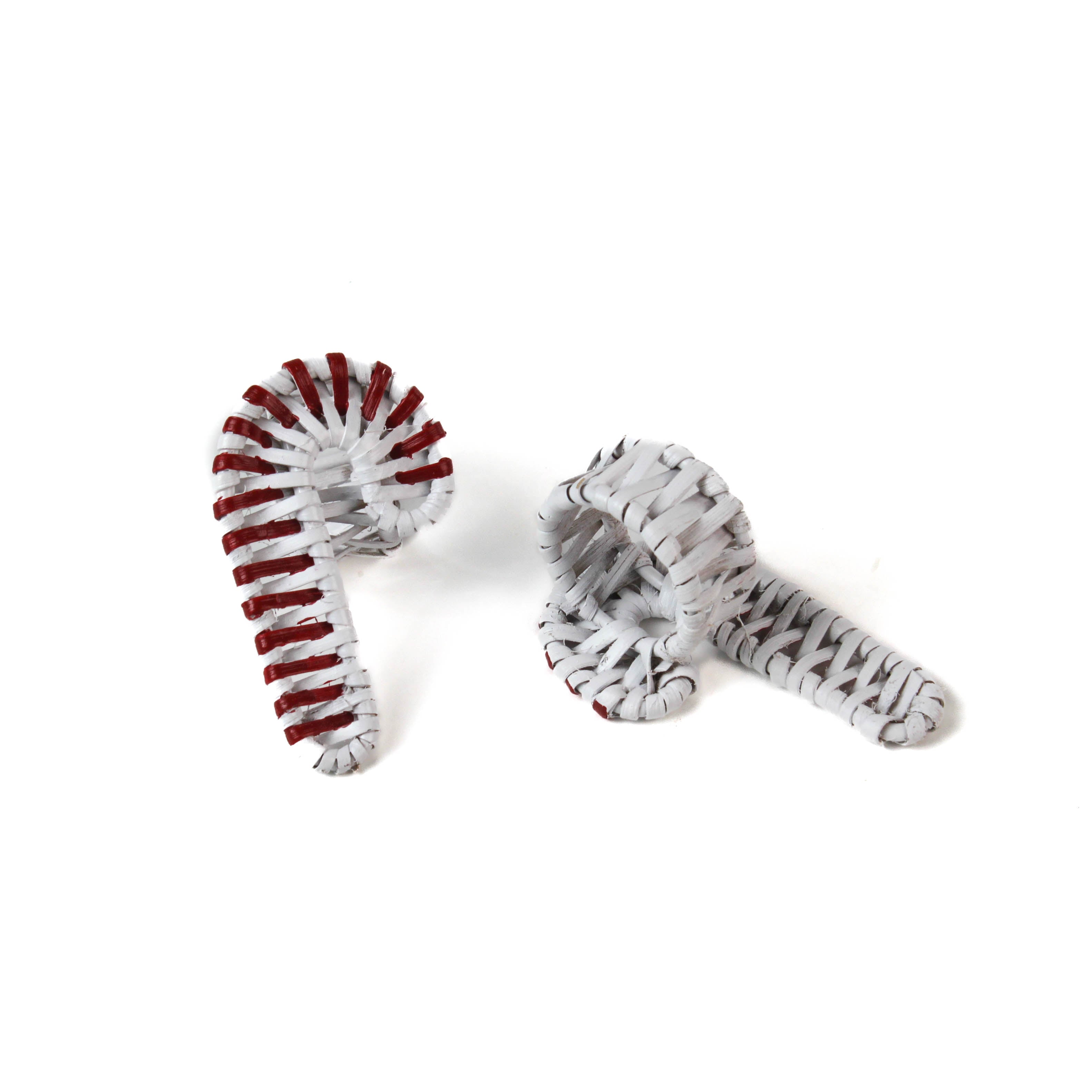 two red and white striped rattan candy cane napkin rings