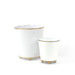 White gold large tole metal cachepot set with gold rims on a white background