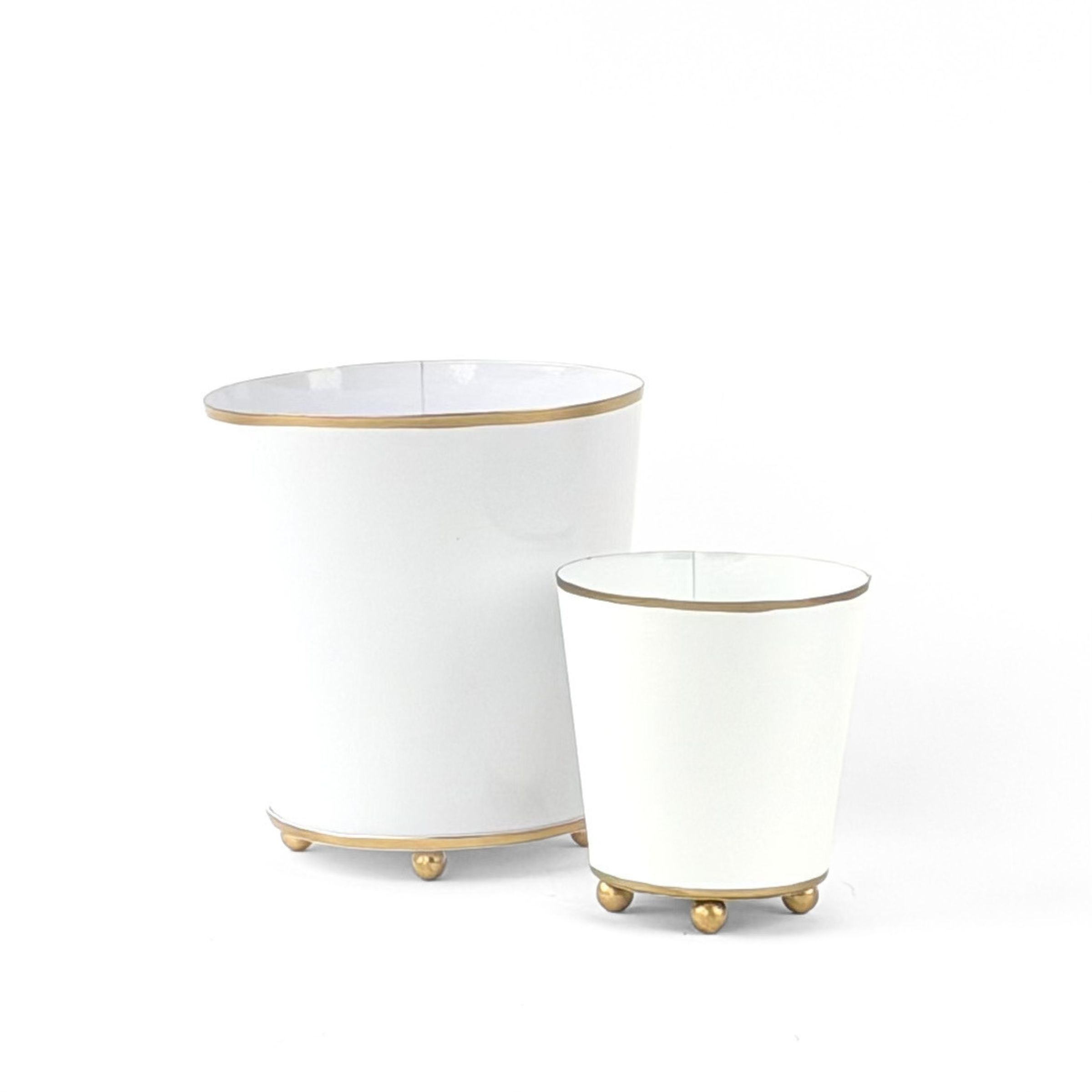 White gold large tole metal cachepot set with gold rims on a white background