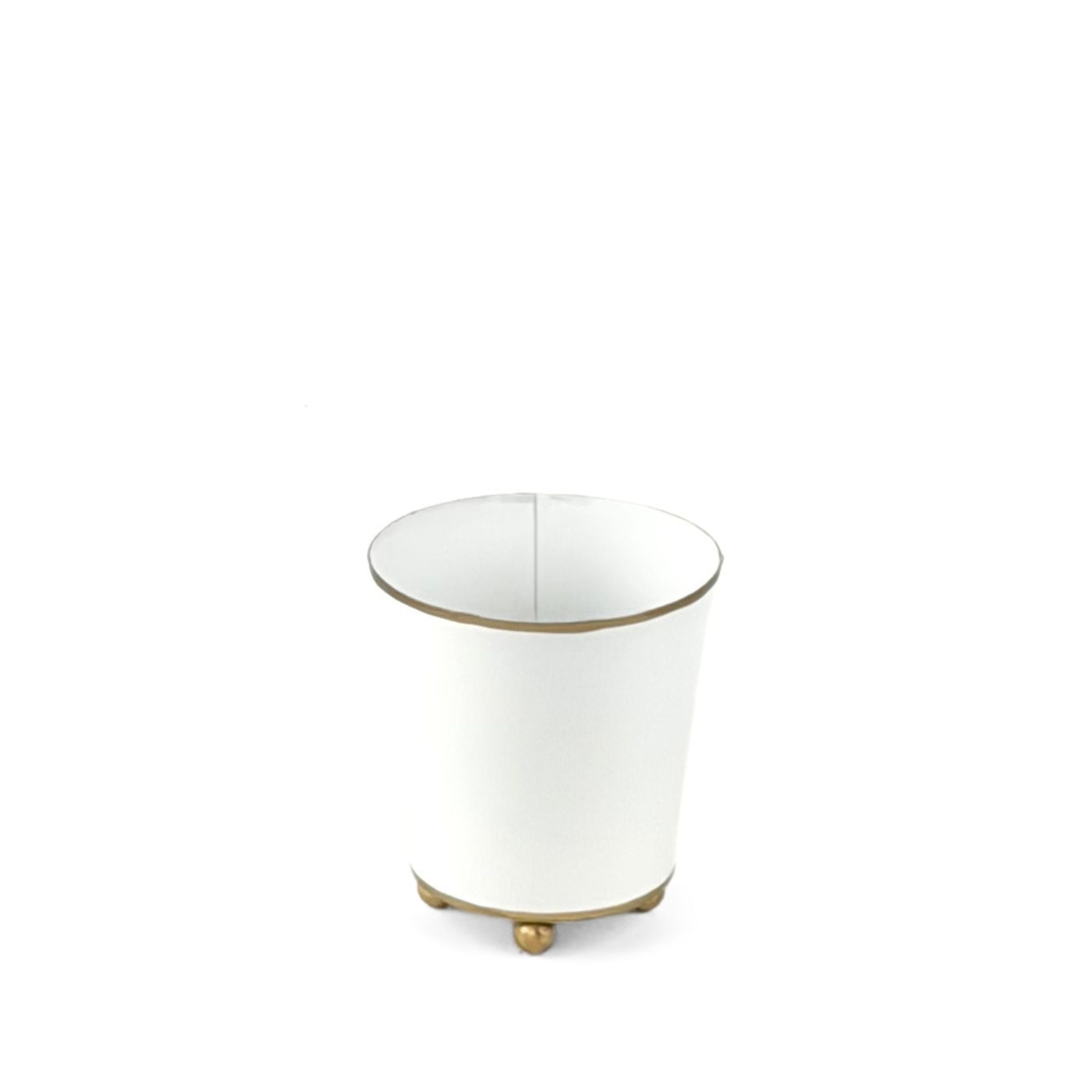 White small tole metal cachepot with gold rim on a white background