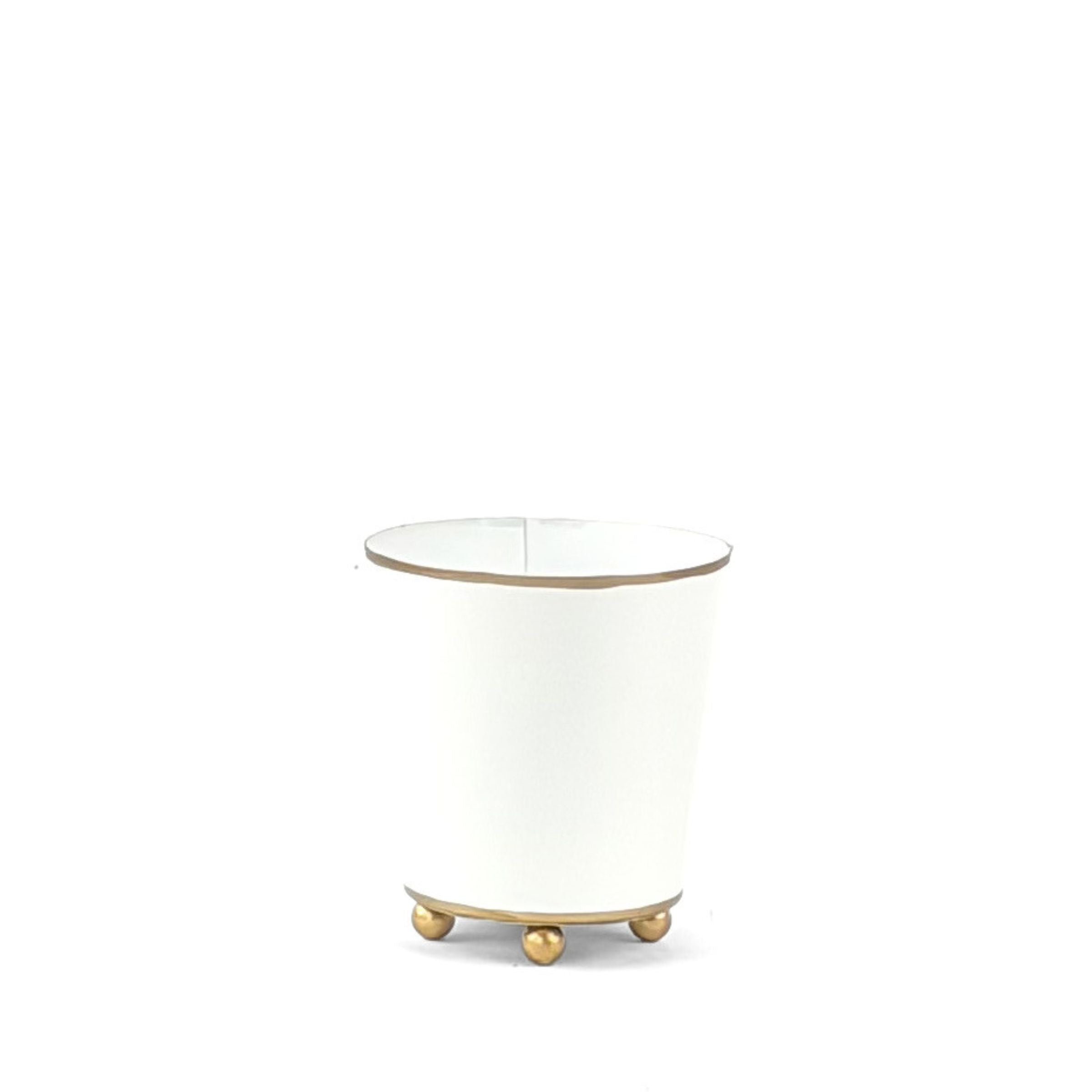 White gold small tole metal cachepot on a white background