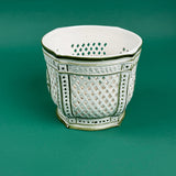 White ceramic lattice planter with green trim on a green background