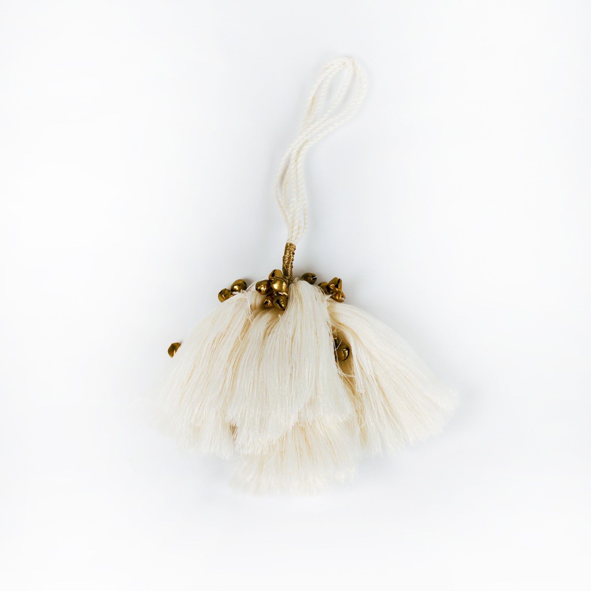 white elegant tassel Christmas ornaments with small gold bells