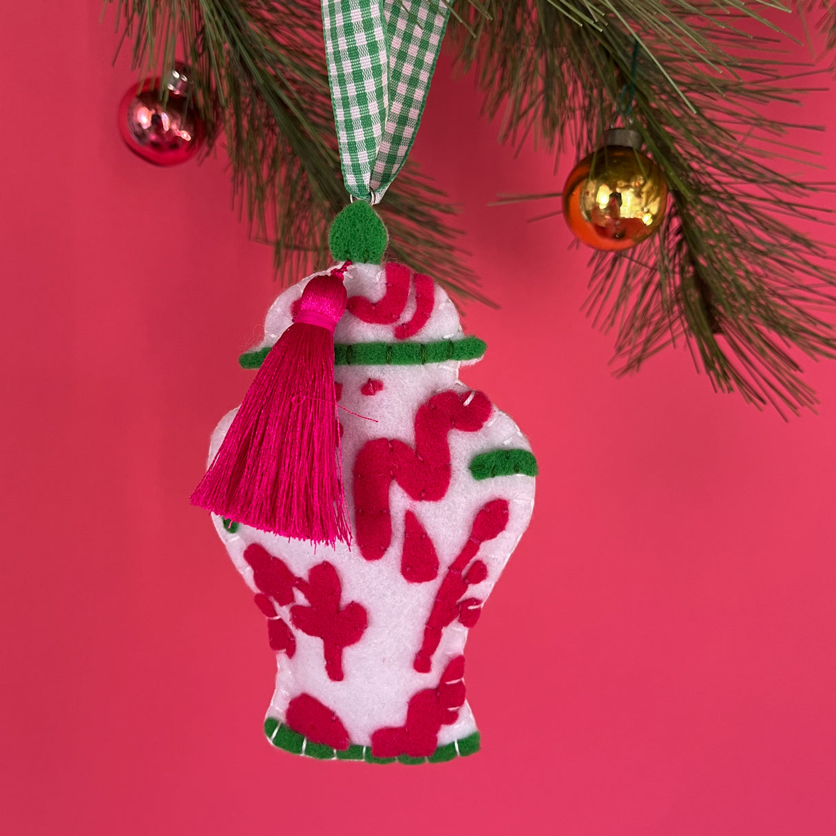 Felt Chinoiserie Ginger Jars Christmas Ornaments, Set of 2