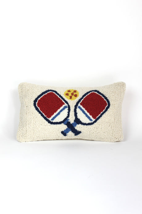 a white pickleball pillow with red paddles from madcap cottage
