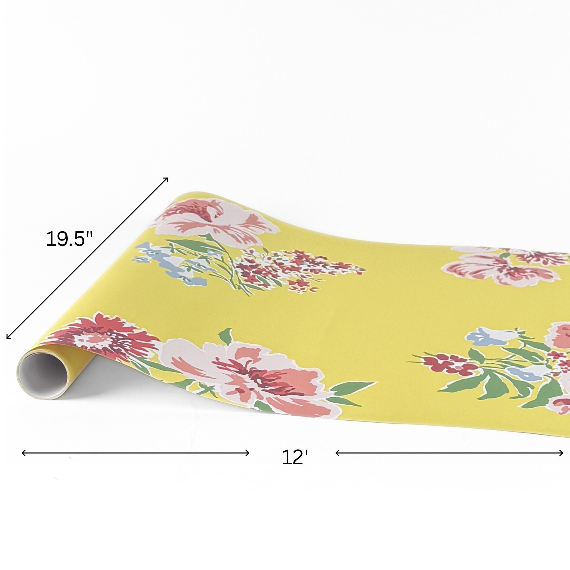Floral yellow pink green paper table runner measuring 12 feet long and 19.5 inches wide.