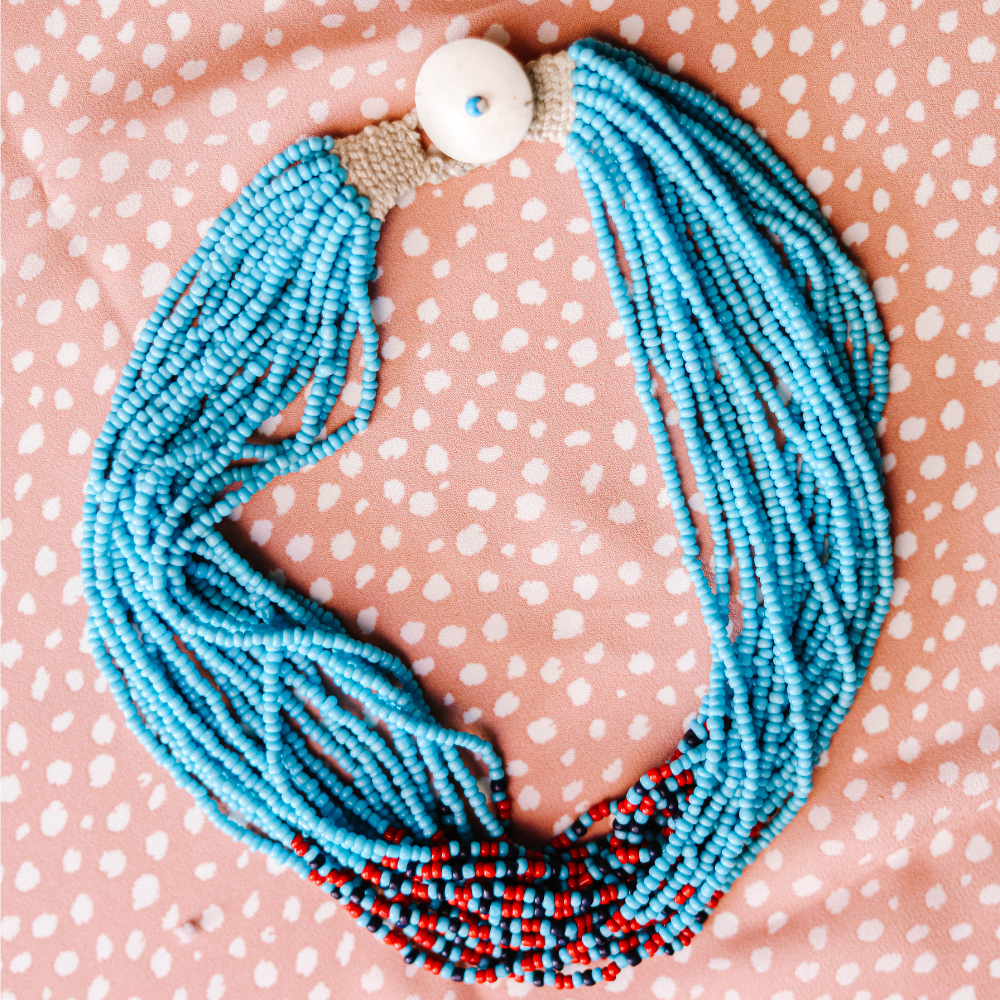 Blue glass hot sale bead necklace