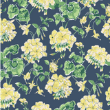 A geranium wallpaper sample featuring yellow geraniums on a dark blue background.