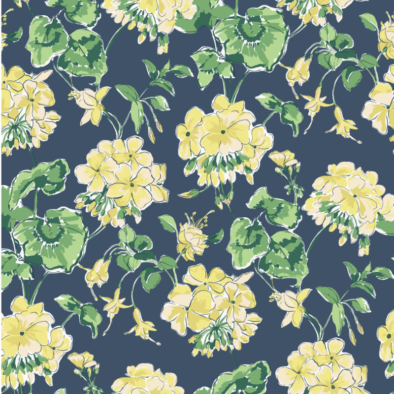 A geranium wallpaper sample featuring yellow geraniums on a dark blue background.