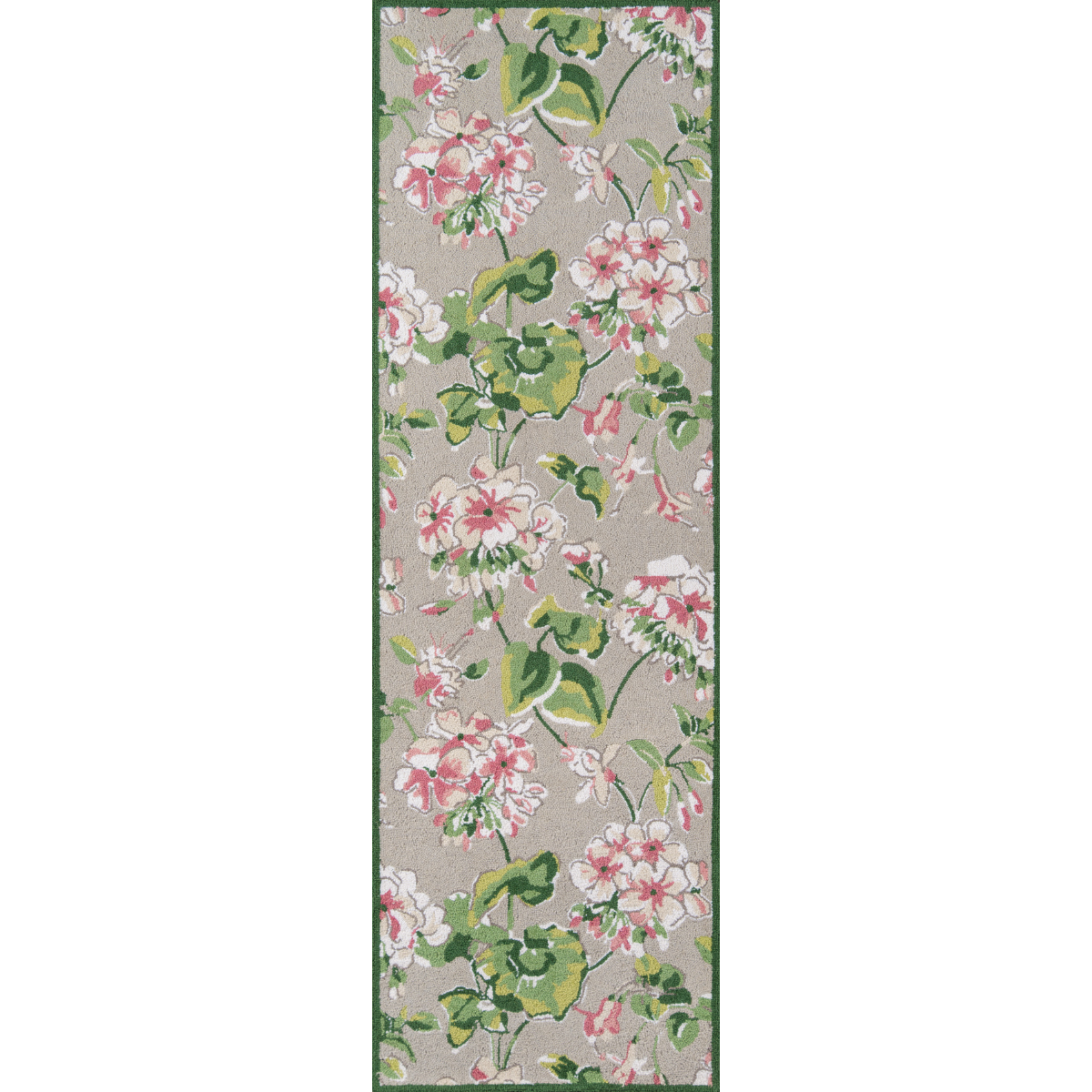 A long rectangular pink and green rug in a floral pattern with a green border