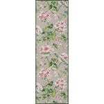 A long rectangular pink and green rug in a floral pattern with a green border