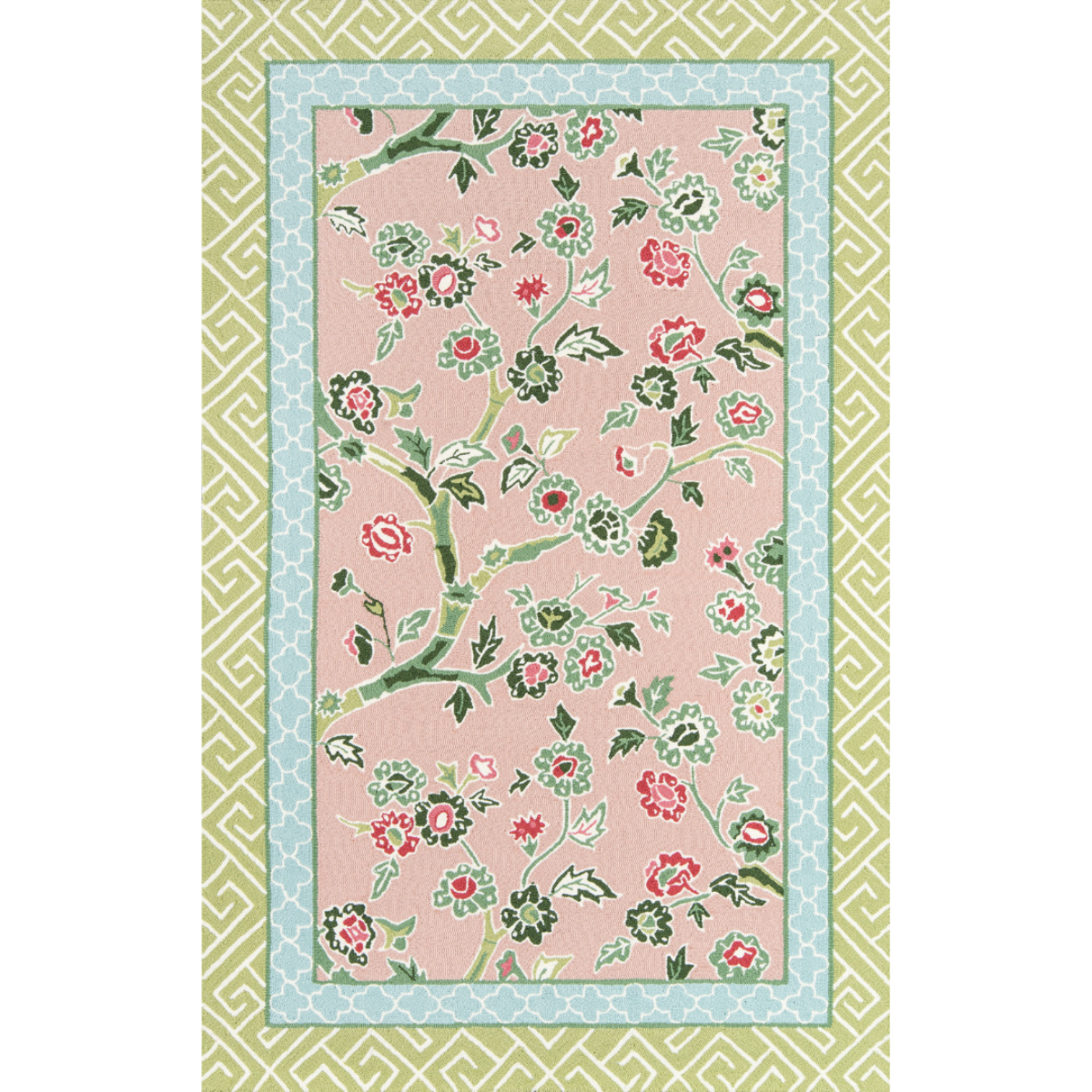 Pink and green rug with pink and blue floral centre motif and green geometric border