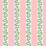 Harbor Trail fabric from Madcap cottage that is a white, green and pink striped fabric featuring a green squiggle motif 
