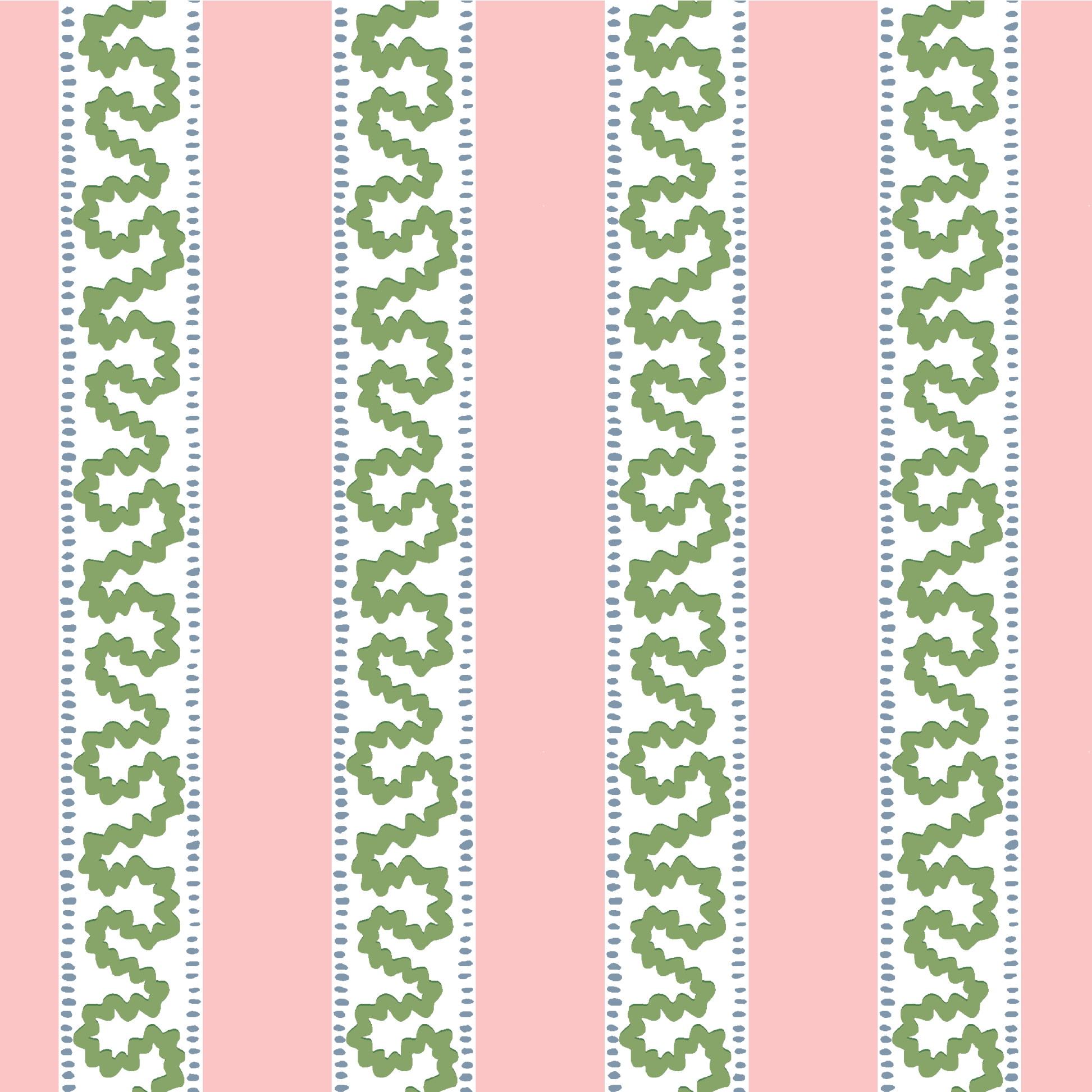 Harbor Trail fabric from Madcap cottage that is a white, green and pink striped fabric featuring a green squiggle motif 
