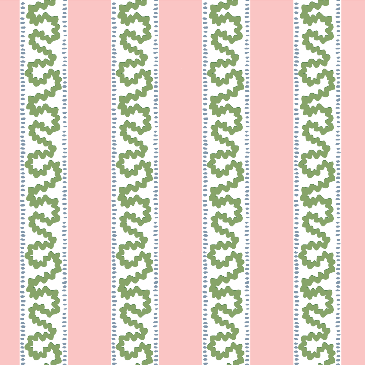 Harbor Trail fabric from Madcap cottage that is a white, green and pink striped fabric featuring a green squiggle motif 