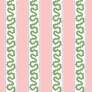 Harbor Trail fabric from Madcap cottage that is a white, green and pink striped fabric featuring a green squiggle motif 
