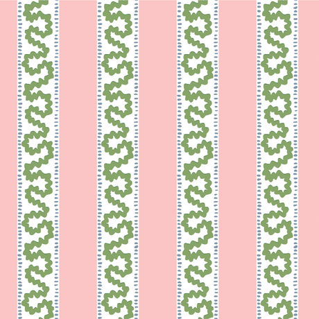 Harbor Trail fabric from Madcap cottage that is a white, green and pink striped fabric featuring a green squiggle motif 