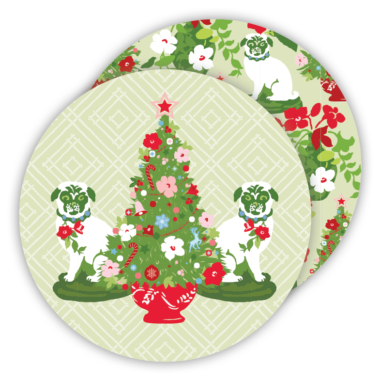 Christmas Pugs Round Paper Coasters