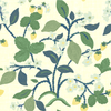 Strawberry fabric featuring motifs of strawberries, lemons, blue flowers and green leaves on a cream background. 