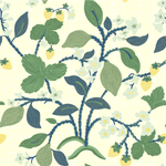 Strawberry fabric featuring motifs of strawberries, lemons, blue flowers and green leaves on a cream background. 