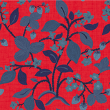 Strawberry fabric featuring motifs of strawberries, lemons, blue flowers and eaves on a red background. 