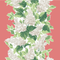 Hydrangea fabric featuring beige hyrdrangea with green leaves on a coral background