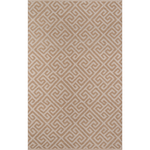 A beige and brown geometric pattern area rug.