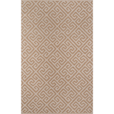 A beige and brown geometric pattern area rug.