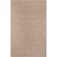 A beige and brown geometric pattern area rug.