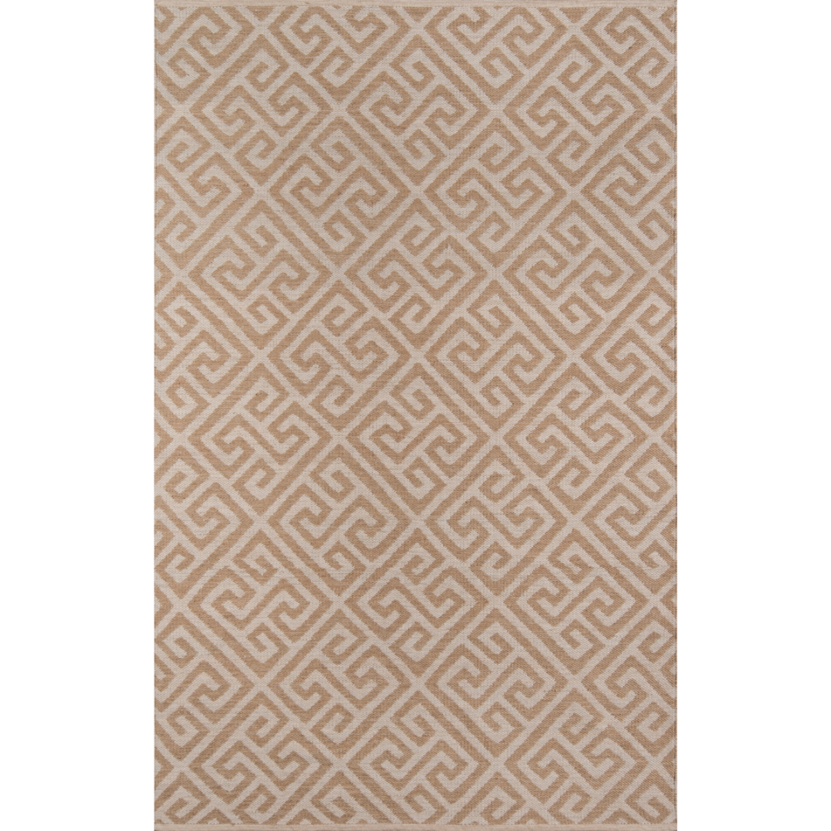 A beige and brown geometric pattern area rug.