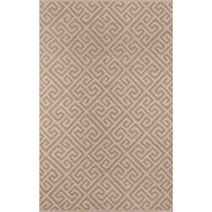 A beige and brown geometric pattern area rug.