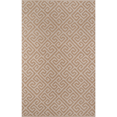 A beige and brown geometric pattern area rug.