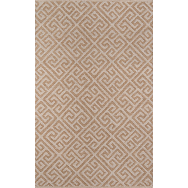 A beige and brown geometric pattern area rug.