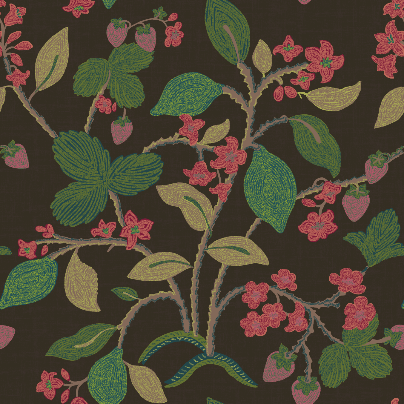 Strawberry fabric featuring motifs of strawberries, green lemons, pink flowers and green leaves on a brown background. 