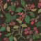 Strawberry fabric featuring motifs of strawberries, green lemons, pink flowers and green leaves on a brown background. 