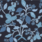 Strawberry fabric featuring blue motifs of strawberries, lemons, blue flowers and green leaves on a navy blue background