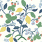 Strawberry fabric featuring motifs of strawberries, lemons, blue flowers and green leaves on a white background. 