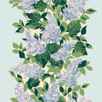 Hydrangea fabric featuring lavender colored hydrangea on a light blue background