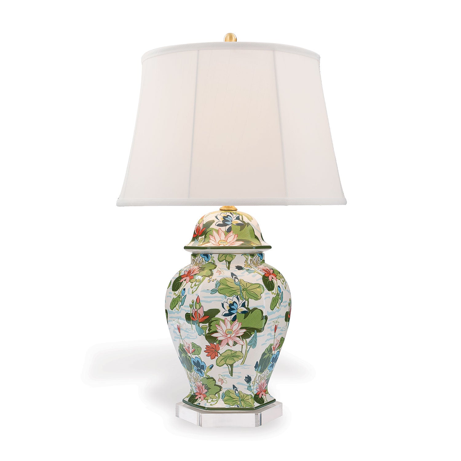 A madcap cottage porcelain buffet lamp covered in waterlily motifs with a plain white lampshade