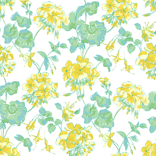 A geranium wallpaper sample featuring yellow geraniums on a white background. 