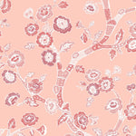 pink and white chinoiserie wallpaper sample featuring pink cherry blossom motifs on a pink background.