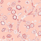 pink and white chinoiserie wallpaper sample featuring pink cherry blossom motifs on a pink background.