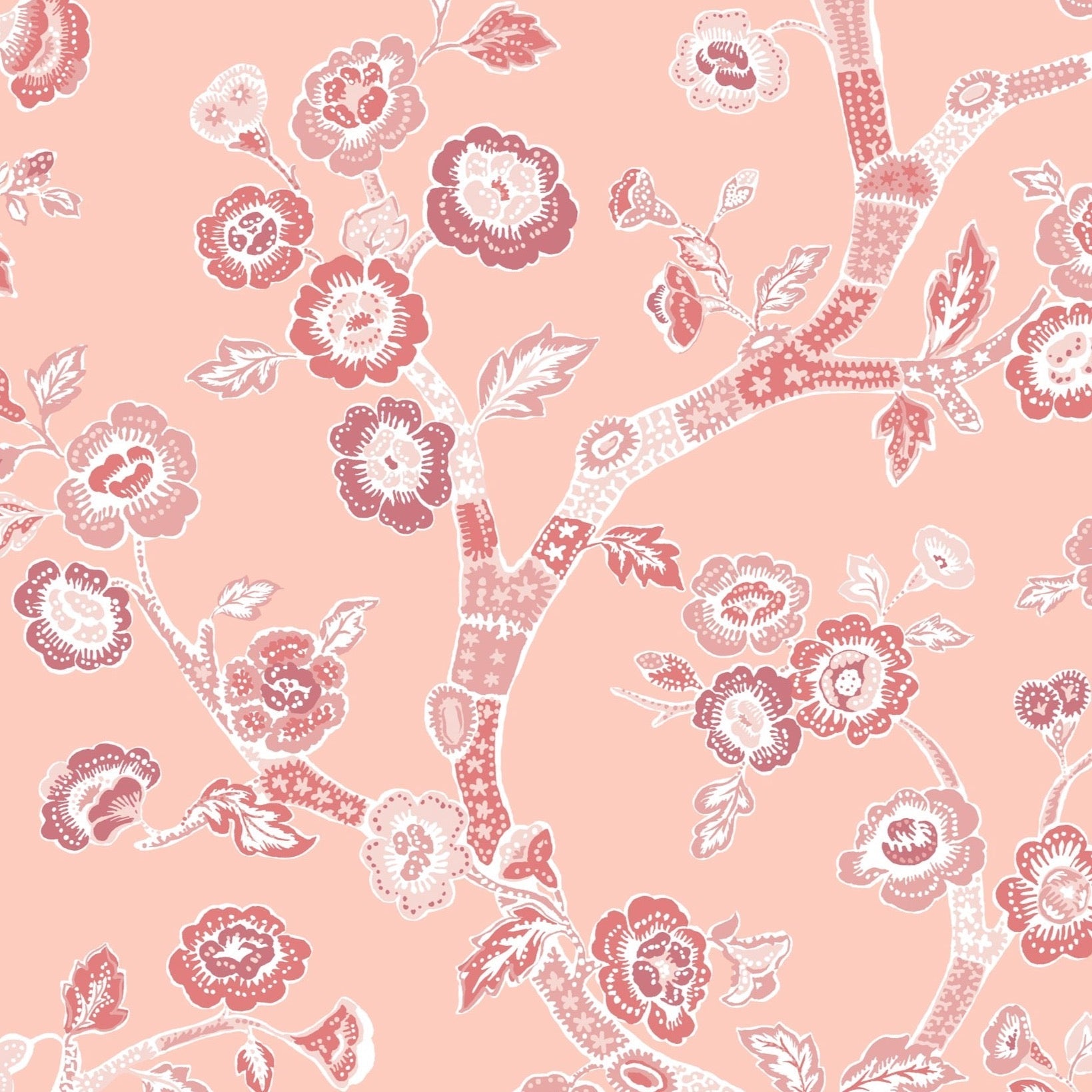 pink and white chinoiserie wallpaper sample featuring pink cherry blossom motifs on a pink background.