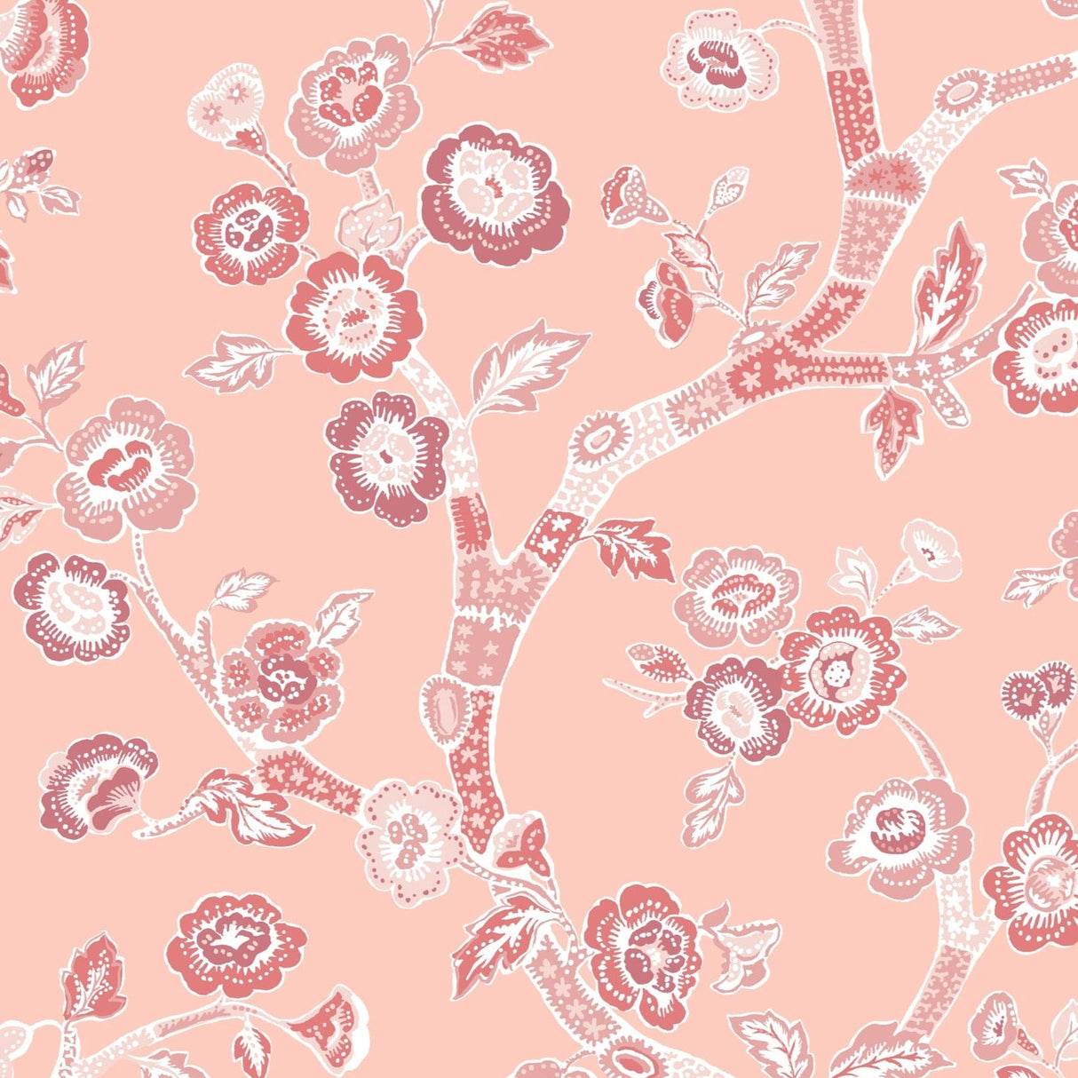pink and white chinoiserie wallpaper sample featuring pink cherry blossom motifs on a pink background. 