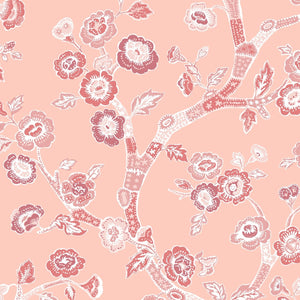 pink and white chinoiserie wallpaper sample featuring pink cherry blossom motifs on a pink background. 