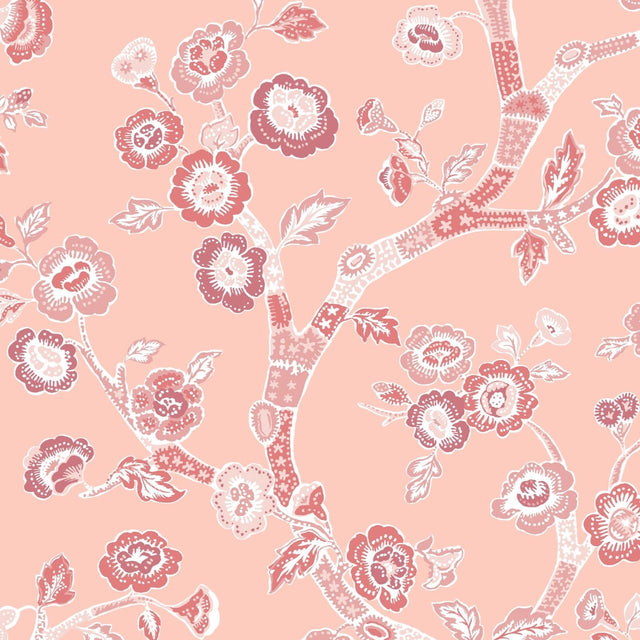 pink and white chinoiserie wallpaper sample featuring pink cherry blossom motifs on a pink background. 