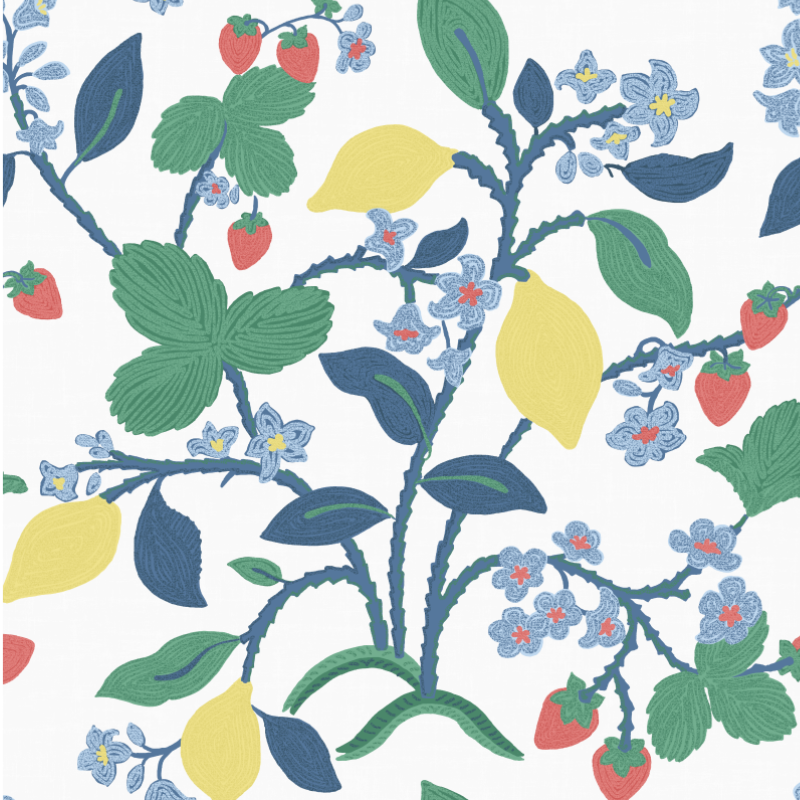 A strawberry wallpaper sample featuring colorful lemon and strawberry motifs on a white background. 