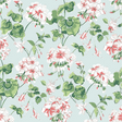 A geranium wallpaper sample featuring pink and white geraniums on a light blue background. 
